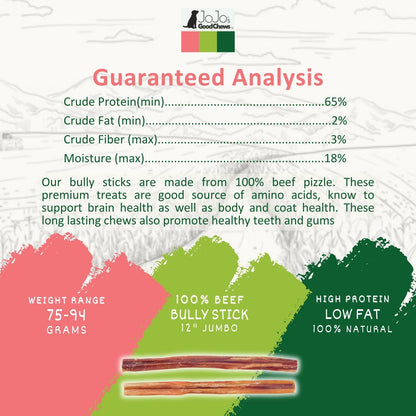 All-Natural Beef Bully Stick Dog Treats, Single Ingredient Dog Chews – 12-Inch Jumbo (25/case)