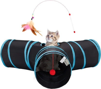 3-Way Collapsible Tunnel Cat Toy with Ball & Peek Hole for Indoor Cats & Kittens