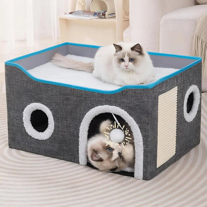 Indoor Cat House Cube with Bed, Scratch Pad & Toy Ball, Foldable Condo