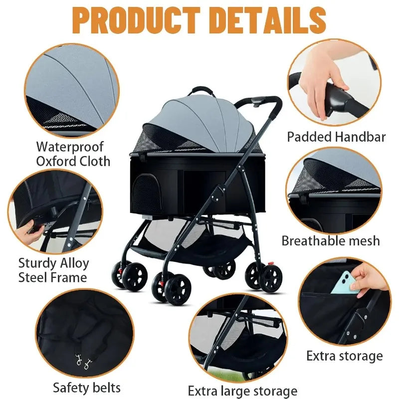 3-in-1 Pet Dog Stroller Dog Wagon with Removable Carrier Cat Stroller