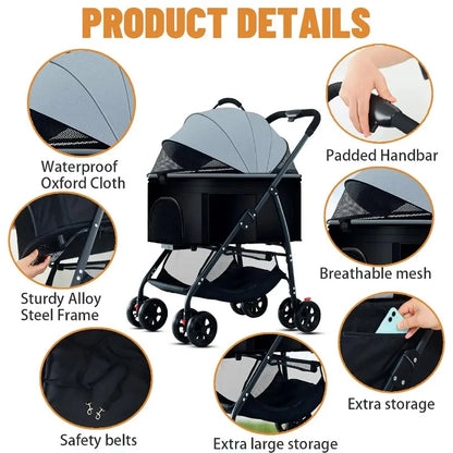 3-in-1 Pet Dog Stroller Dog Wagon with Removable Carrier Cat Stroller