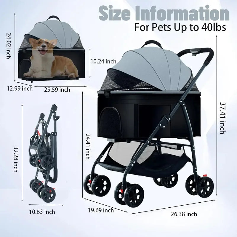 3-in-1 Pet Dog Stroller Dog Wagon with Removable Carrier Cat Stroller