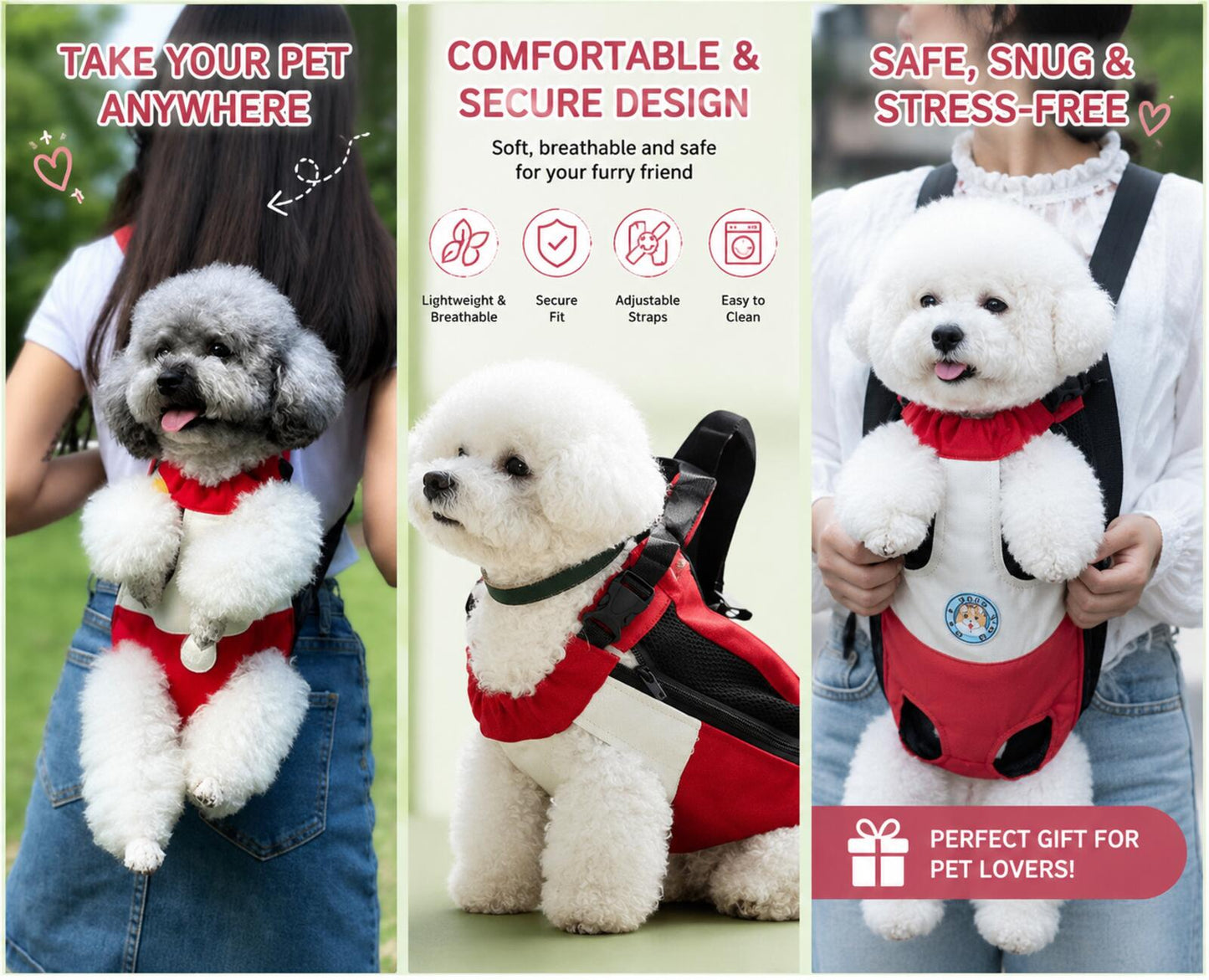 Pet Carrier Backpack Red and White Adjustable Dog Carrier for Small Dogs